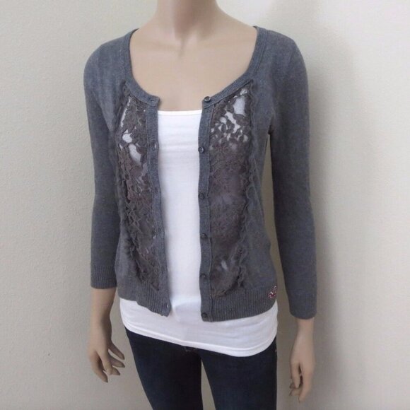 NEW Hollister Women Floral Lace Cardigan Size Small Gray Top Blouse Shirt - Picture 3 of 7